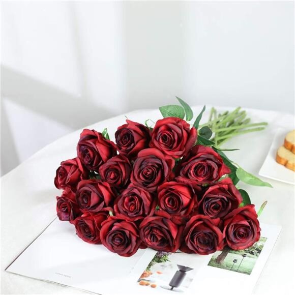 Red Roses Artificial Flowers -12 pcs Realistic Long Stem Fake Silk Roses Bouquet - Picture 6 of 7